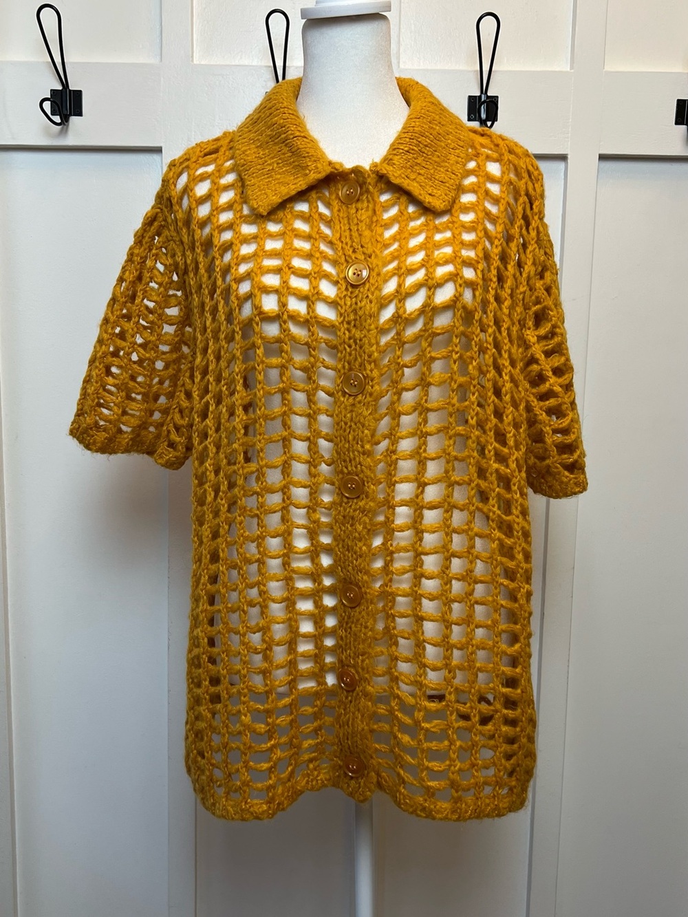 BDG Crochet Shirt L Open Knit Button Yellow Collared Short Sleeve Boho Festival